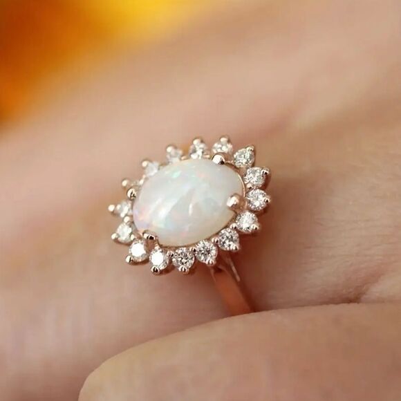 Opal Cubic Zirconia Halo Gold Tone Ring Size 8 NWT - Picture 3 of 6